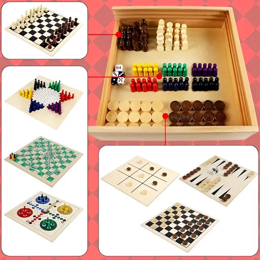 Wooden game box with interchangeable boards, colorful pieces, and multiple game variations packed compactly
