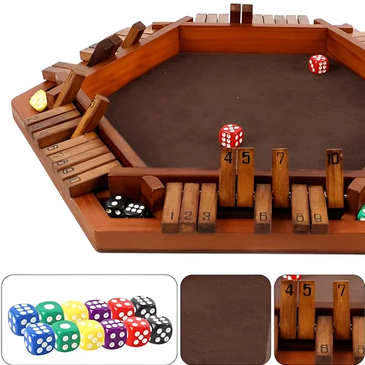 Multi-game wooden board with sliding tray, checkers, marbles, dice, and velvet anti-scratch base