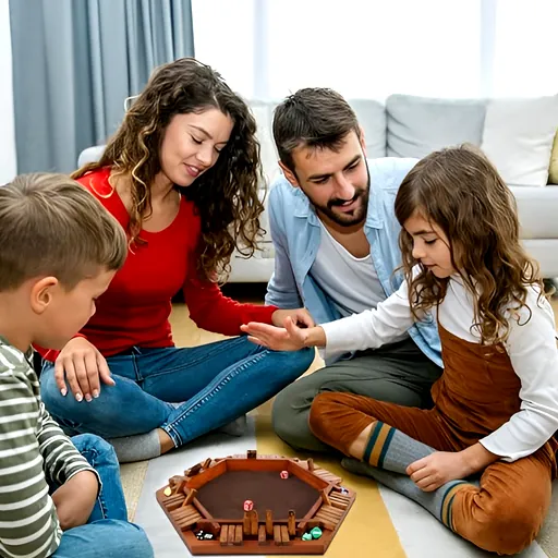 Family of four seated on floor playing a hexagonal wooden board game together, engaging in focused play
