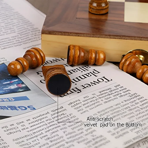 Scattered wooden chess pieces on newspaper showing components and set-up, highlighting craftsmanship
