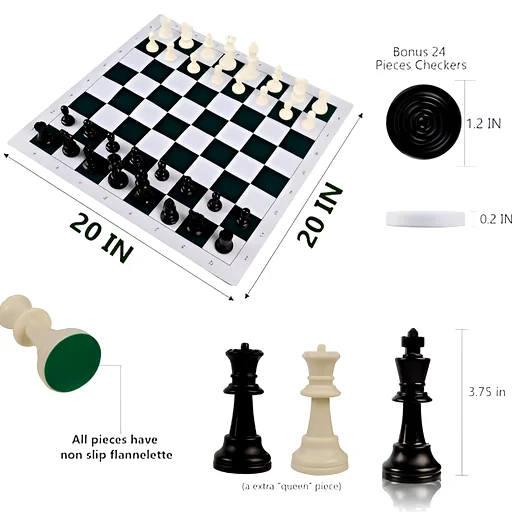 20-inch chessboard with black and white pieces plus bonus checkers and non-slip bases, ready to play