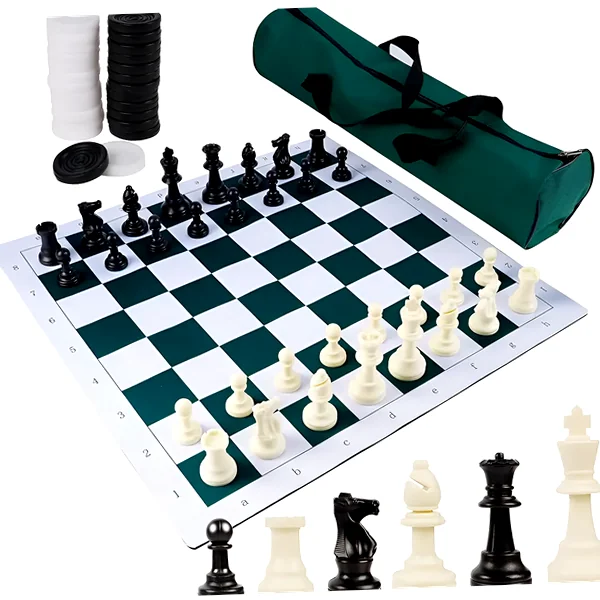 Foldable 20-inch chess and checkers set with storage bag and extra checker pieces