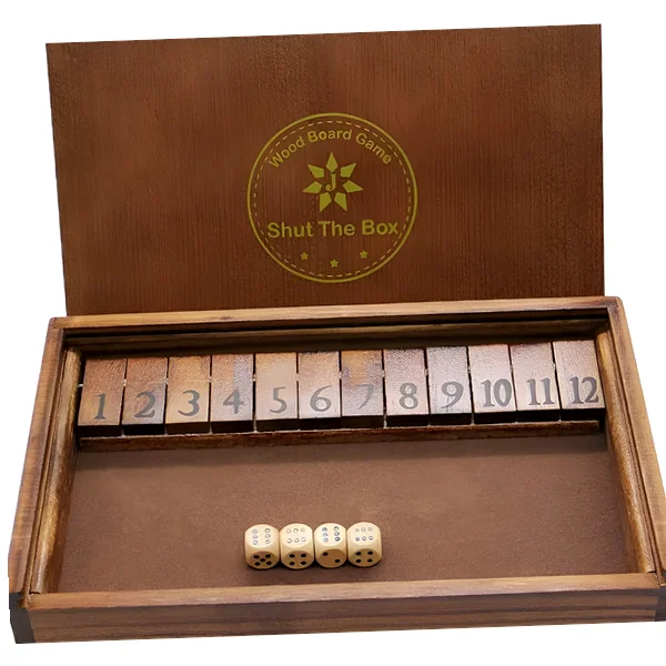 Wooden Shut The Box game with hinged lid and numbered flip tiles
