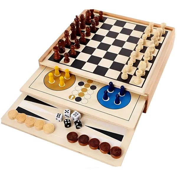 7-in-1 wooden combo board showing chess, checkers, and other classic games