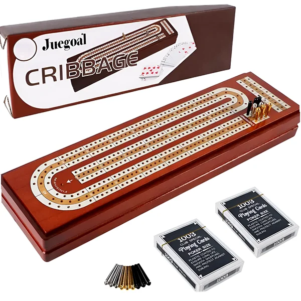 Solid wood cribbage board with three tracks, metal pegs, and two decks