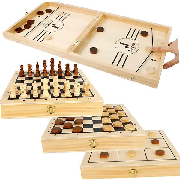 Foldable 4-in-1 wooden sling puck and classic board game set